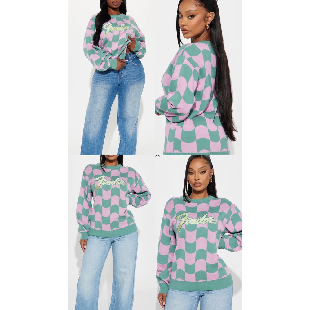 Fender Wavy Checkerboard Knit Sweater Pink Teal Embroidered Logo Womens Large